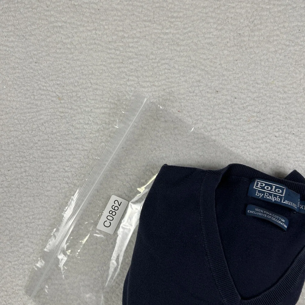 Polo Ralph Lauren Sweater Mens XL V-Neck Navy Blue Pima Cotton Knit Pullover